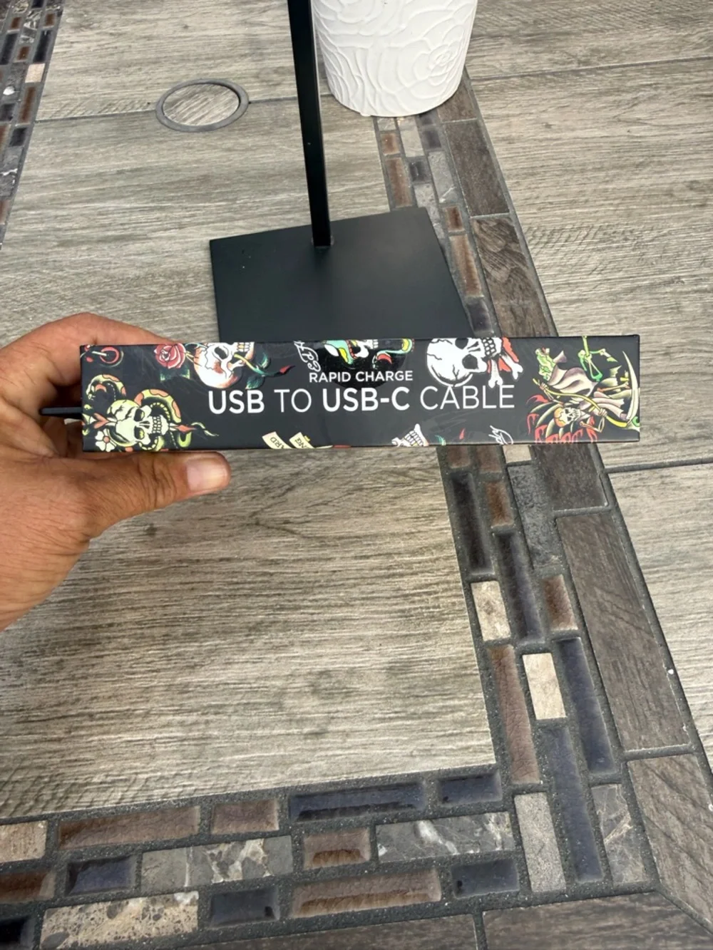 NIB Ed Hardy Black USB to USB-C Cable with Multicolor Tattoo Art
